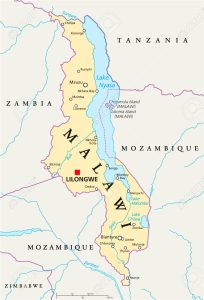 34028555 Malawi Mapa pol tico con capital de Lilongwe fronteras nacionales ciudades importantes r os y lagos Foto de archivo