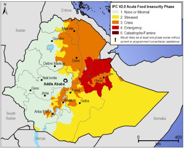 Situación de inseguridad alimentaria en Etiopía según zonas entre enero y marzo de 2016. Fuente Fews Net