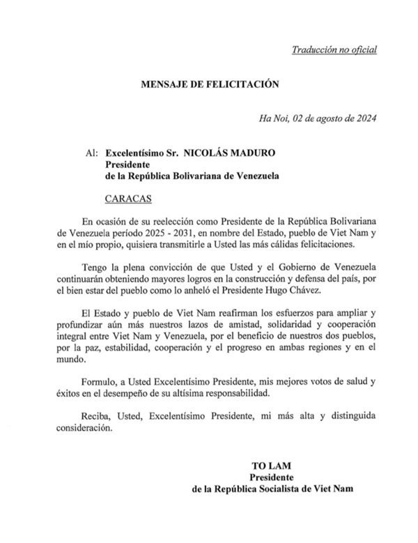 Carta de felicitación del Presidente de Vietnam, To Lam, al Presidente Nicolás Maduro